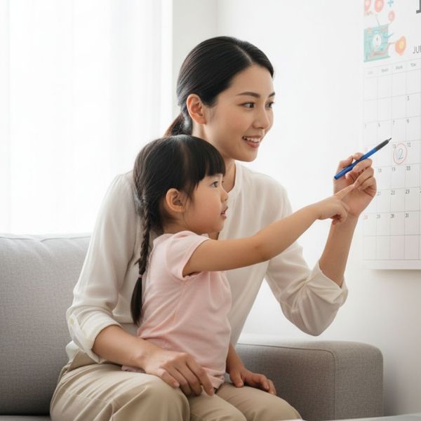 A mother and her preschool-aged daughter point at a wall calendar, marking an important date.