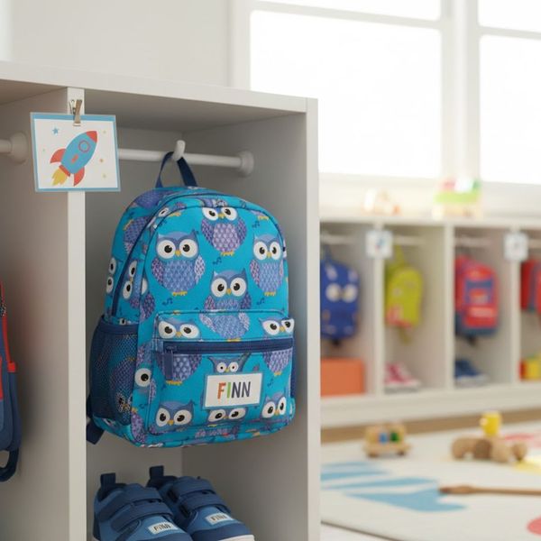 Child's backpack and shoes neatly labeled near a cubby area.