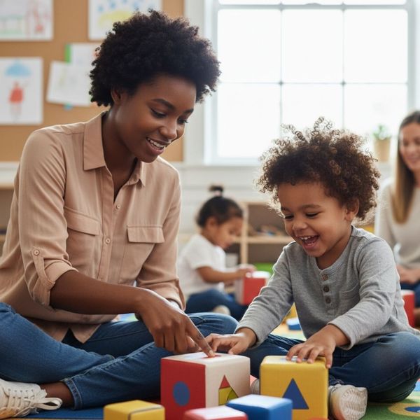 adult sits on floor with boy on floor of childcare 