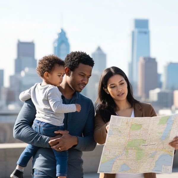 a mom and dad looking at a map while the dad holds their son