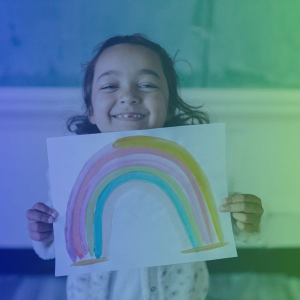 happy girl with rainbow drawing happy girl with rainbow drawing
