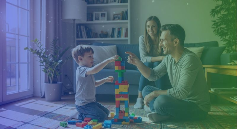 Parents playing blocks with toddler