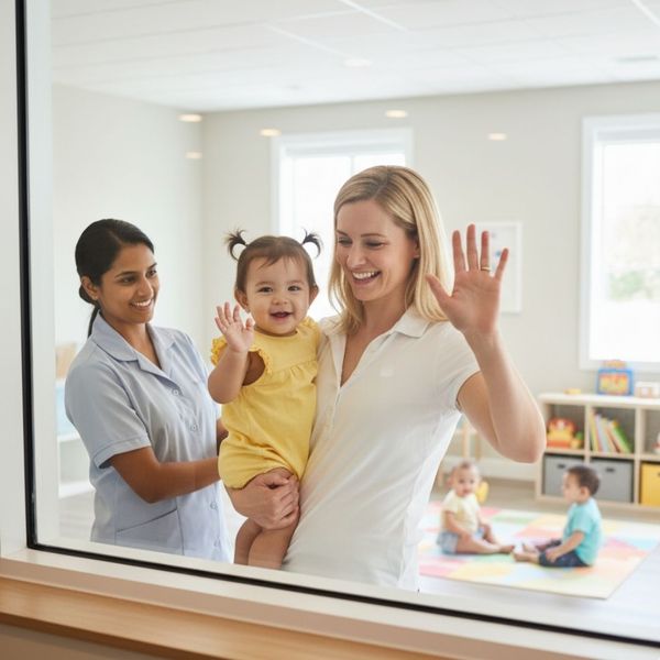A cheerful parent waves goodbye to their happy infant, who is being held by a smiling caregiver at the daycare center.