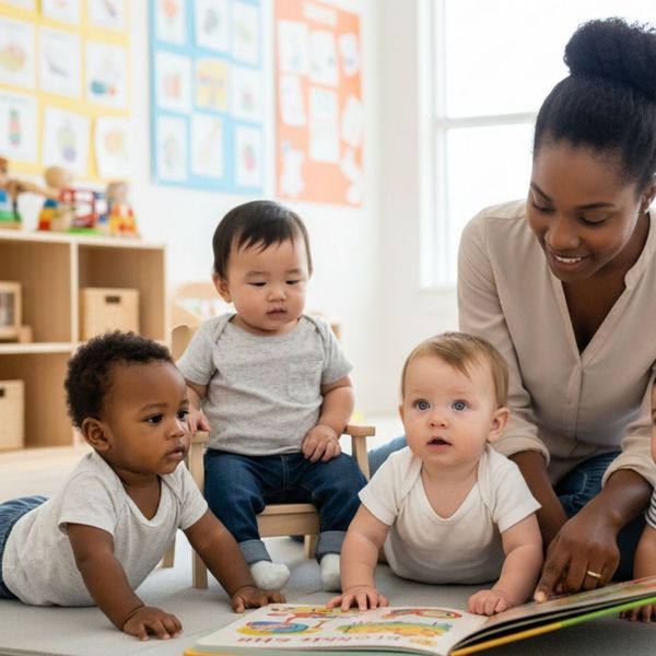 A kind caregiver reads a colorful book to a diverse group of four curious infants sitting and crawling on a mat.
