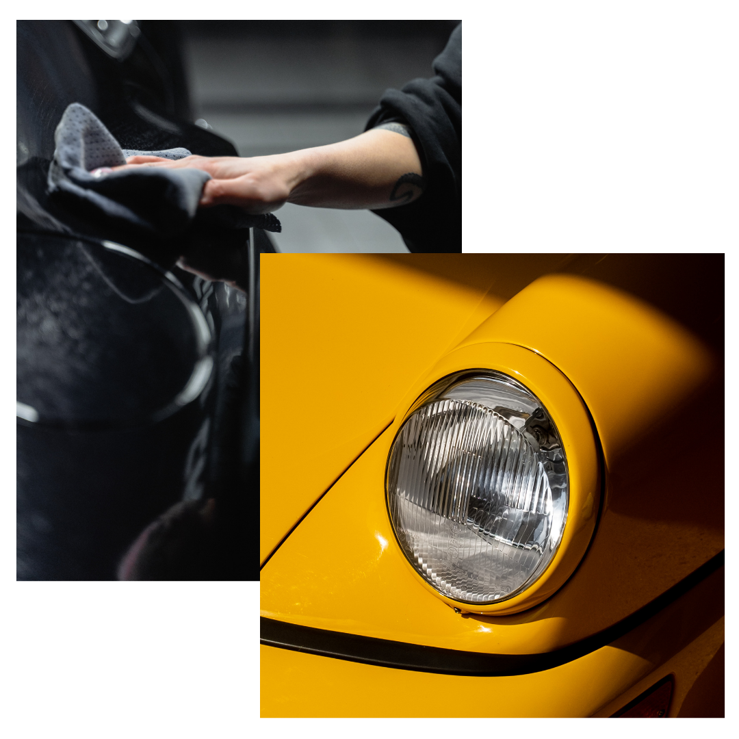shiny round sports car headlight, hand wiping car exterior with cloth