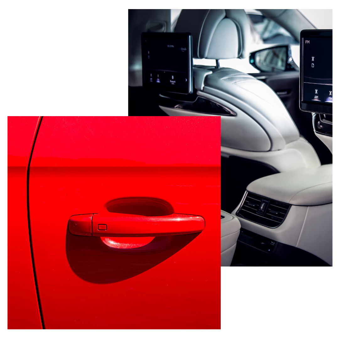 shiny red car door handle, clean car interior