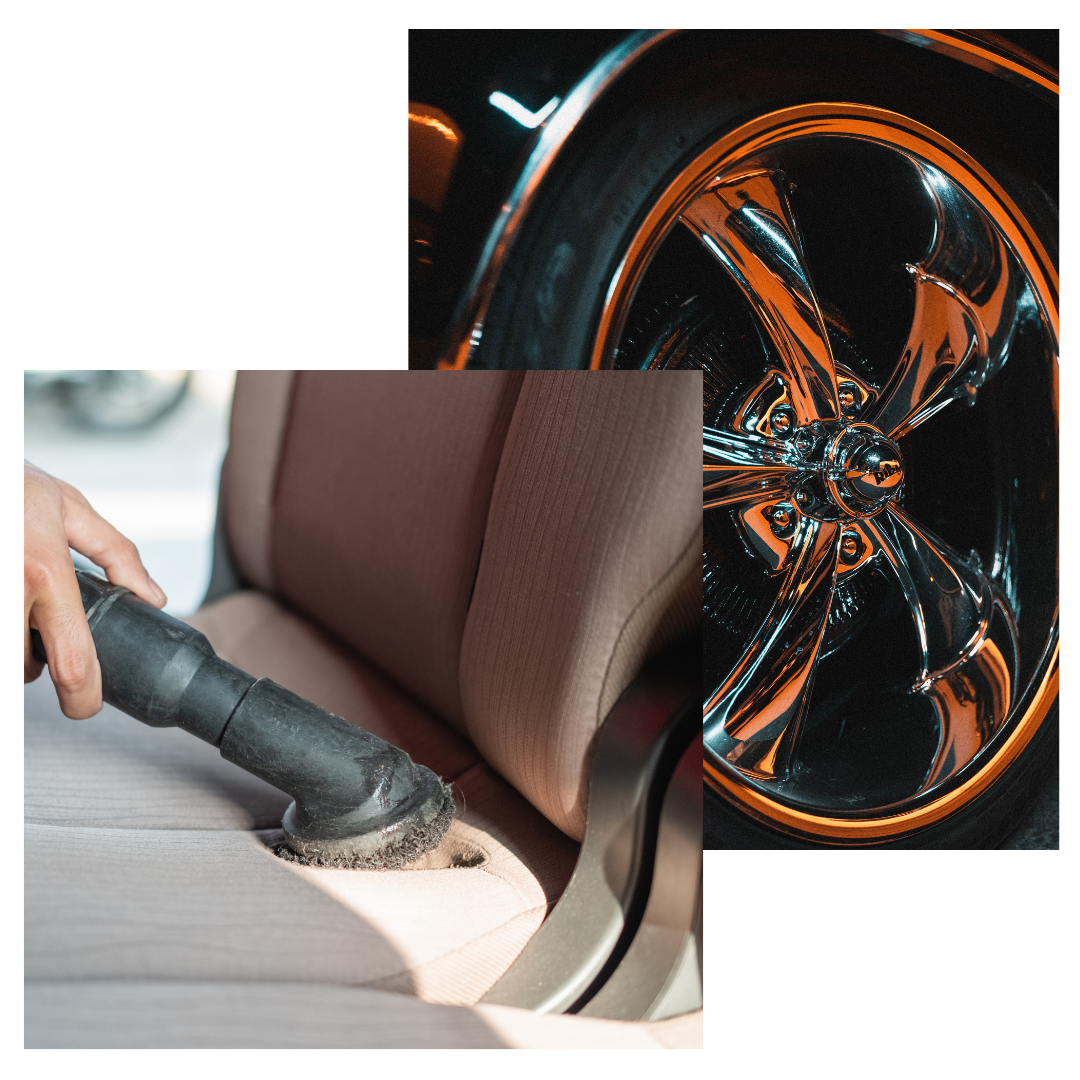 shiny chrome wheel, vacuuming carseat