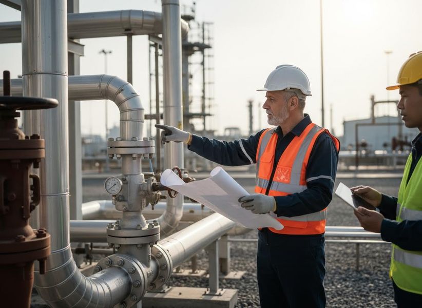 Engineers Inspecting Industrial Pipeline Systems