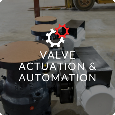 image of valves with an icon of 2 gears with the text "valve actuation & automation" overlayed