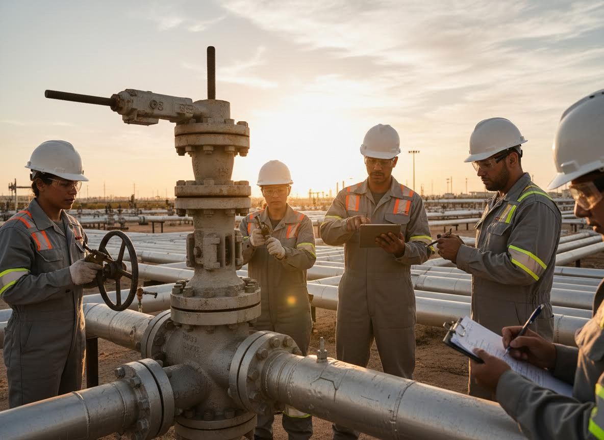 Engineers Inspecting Industrial Pipeline at Sunset