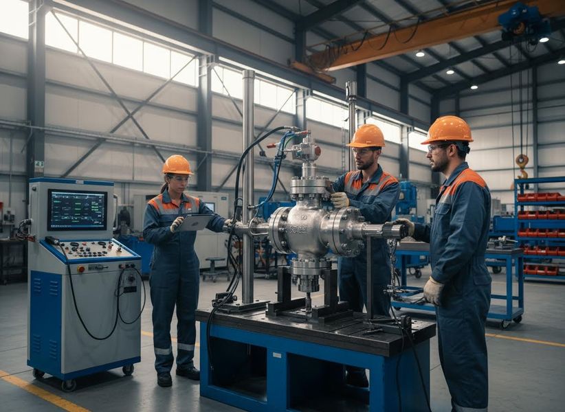 Engineers and Technicians Testing Industrial Valve in Factory