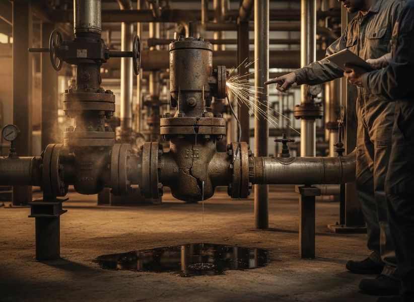 Workers inspecting damaged industrial pipe