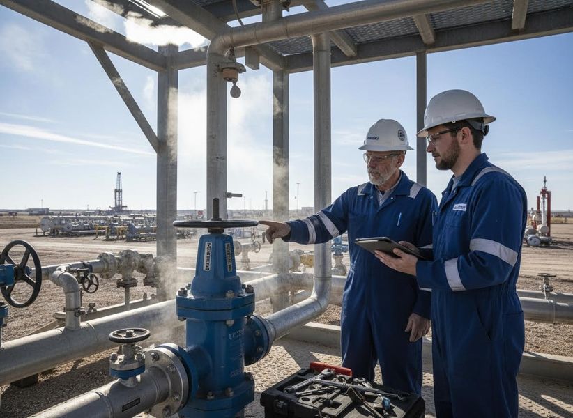 Industrial Engineers Inspecting Pipeline Valves and Controls at an Energy Facility