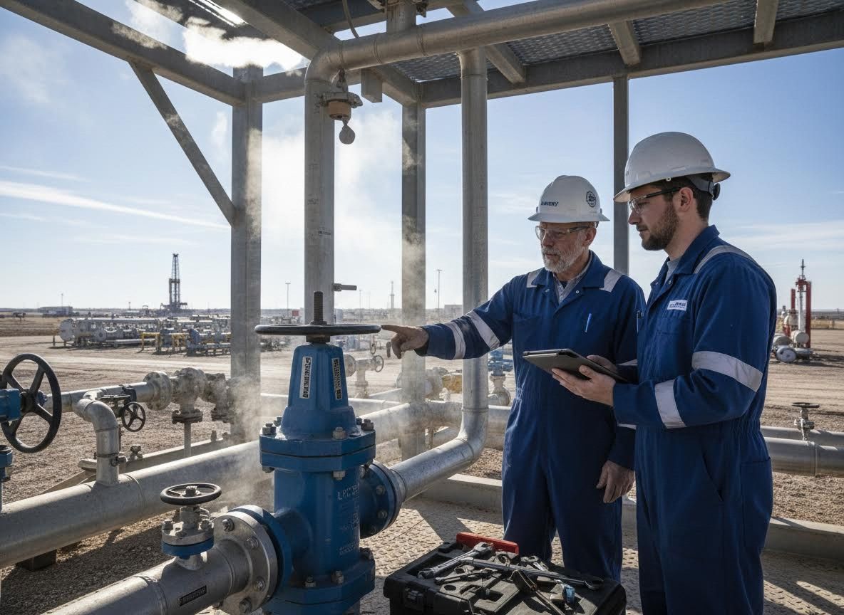 Industrial Engineers Inspecting Pipeline Valves and Controls at an Energy Facility
