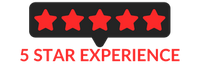5 red stars in a black box, with the text '5 star experience' underneath