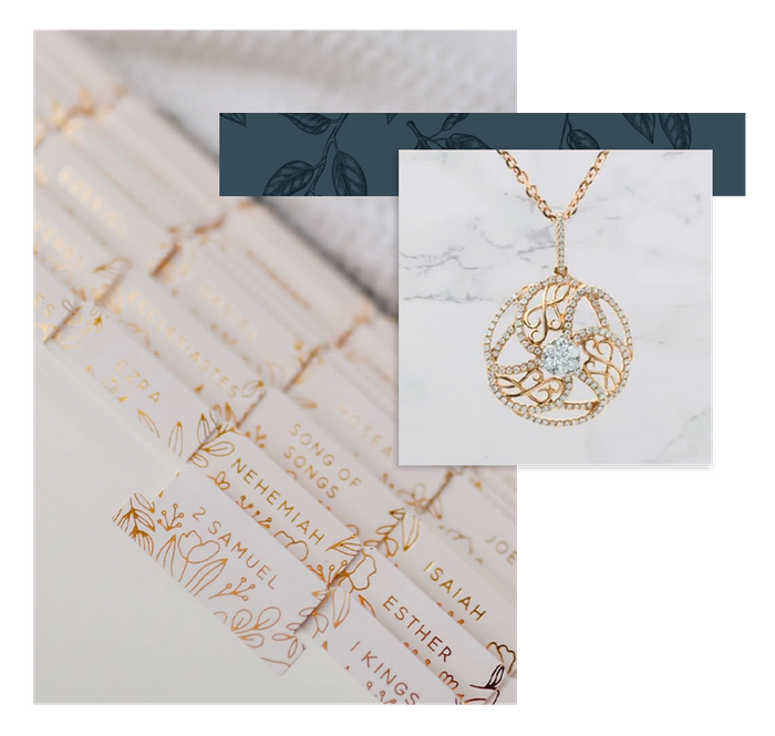 photo collage of Bible tabs and gold necklace