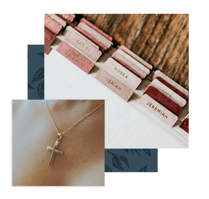 photo collage of Bible tabs and gold cross necklace