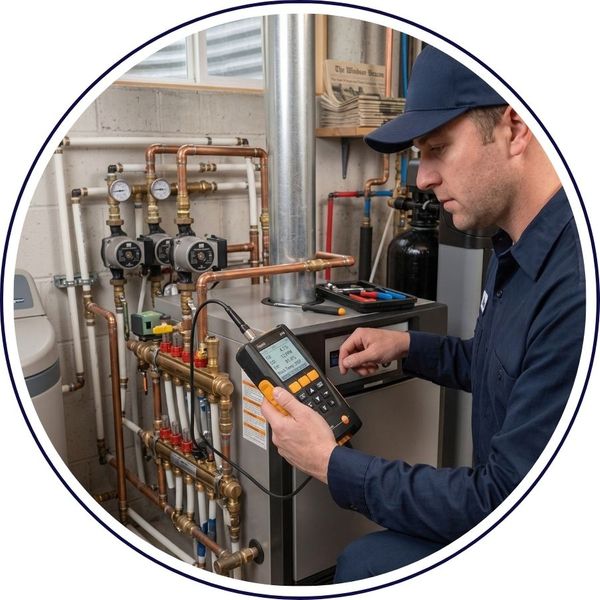 A specialized NB Plumbing boiler technician in uniform meticulously conducts diagnostic testing on a complex residential boiler system in a utility room, using a handheld digital analyzer.