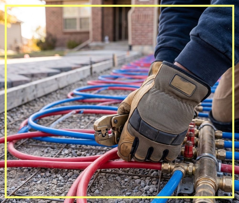A close-up photograph capturing an NB Plumbing technician, wearing a branded glove, carefully securing PEX tubing connections for a custom residential snow melt system being installed in a driveway.
