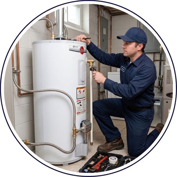 A professional NB Plumbing technician in uniform making the final connections on a newly installed white tank water heater in a residential utility room.