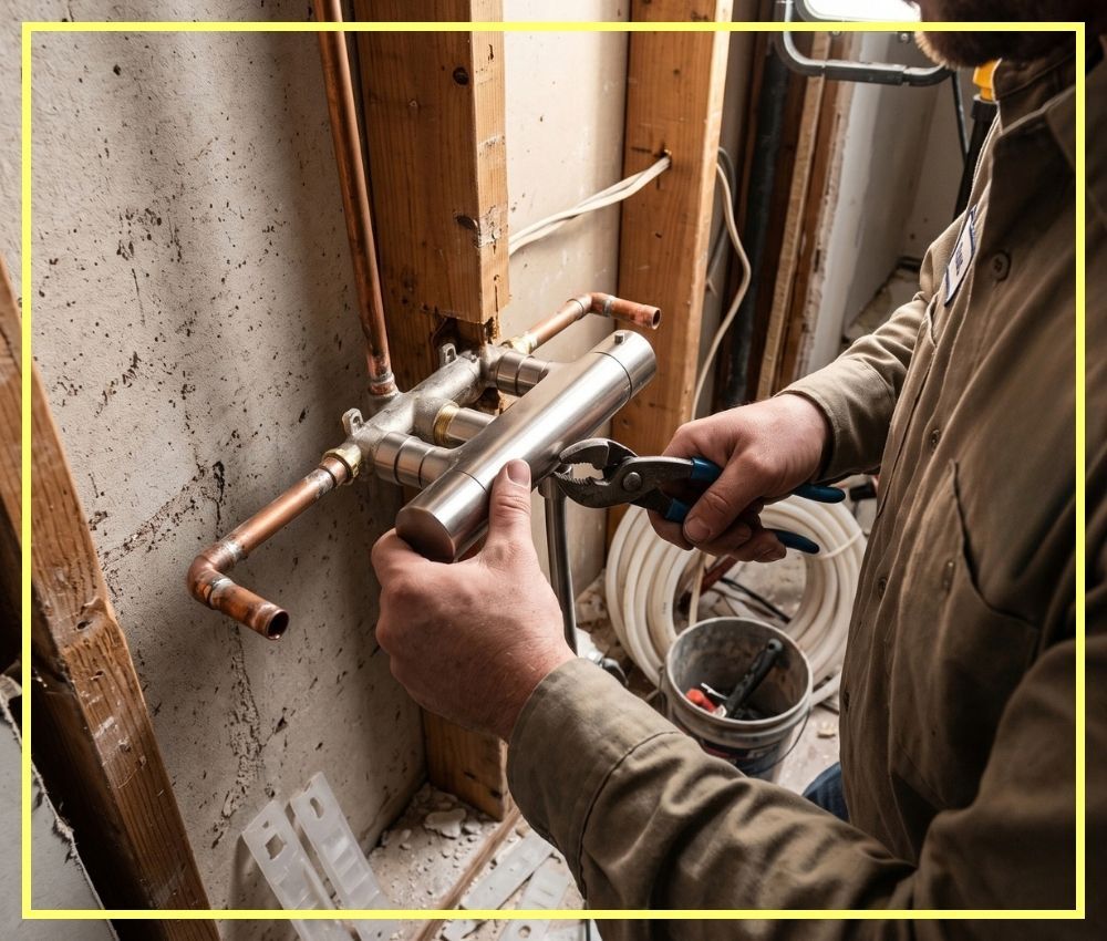 A close-up photograph of an NB Plumbing technician installing a modern shower valve during a bathroom remodeling project, showing exposed pipes and construction materials.