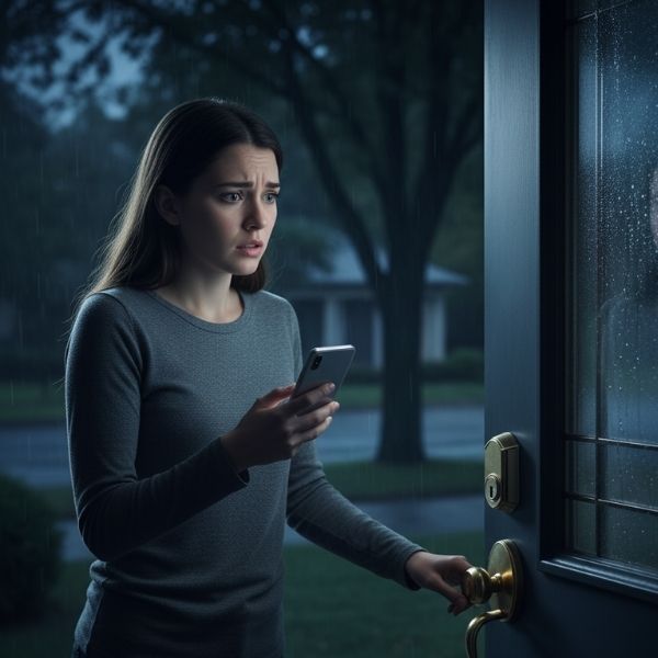 A distressed young woman holds her phone while trying a doorknob, locked out of her home at night.