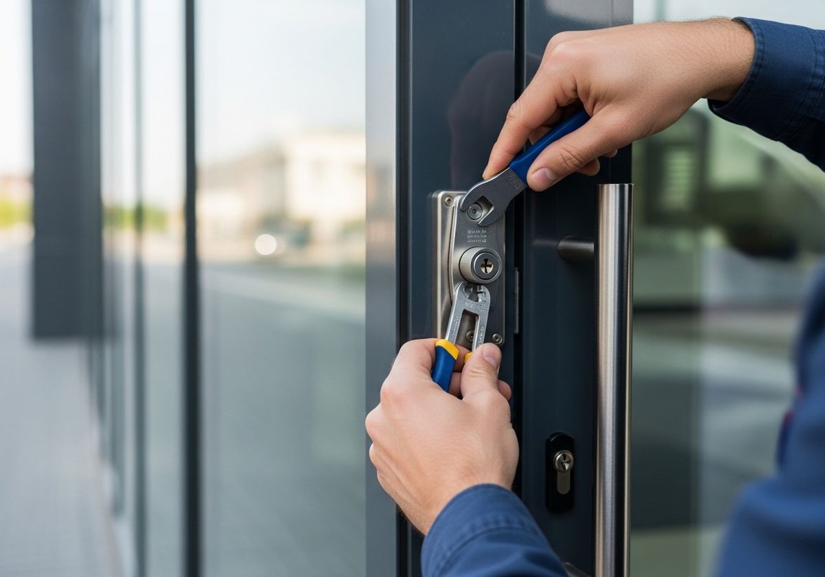 Locksmith Repairing Commercial Door Lock with Wrenches