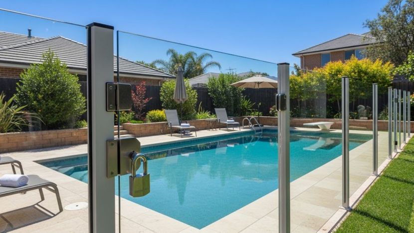 a backyard with a swimming pool enclosed by a modern, secure glass fence and a high-quality gate lock