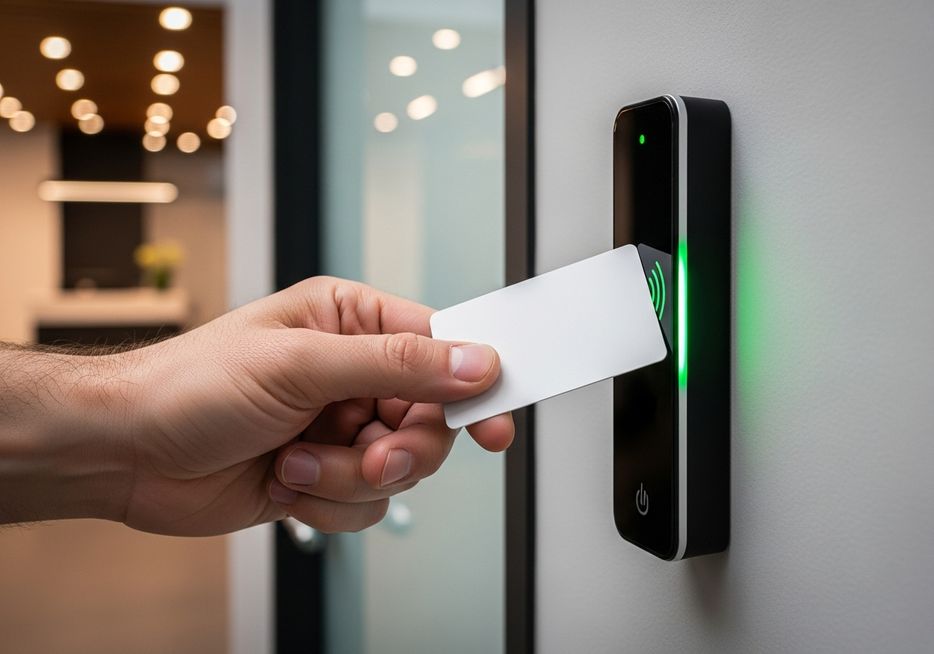 A hand using a digital card reader on a modern electronic access control reader at an office entrance.
