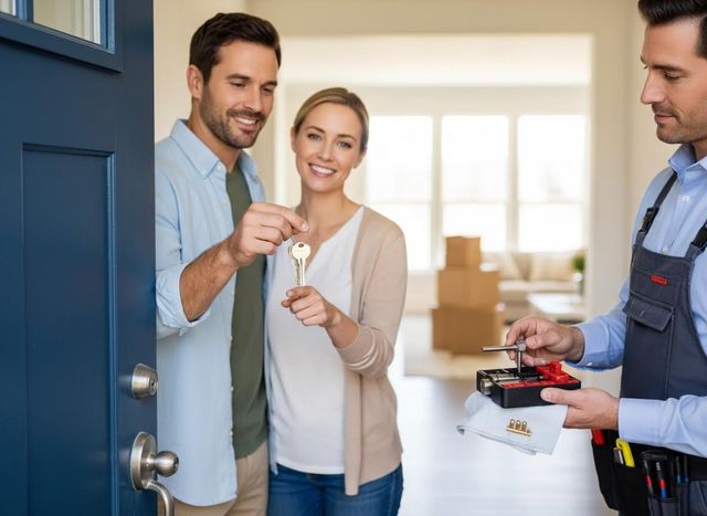Happy Couple and Locksmith at New Home