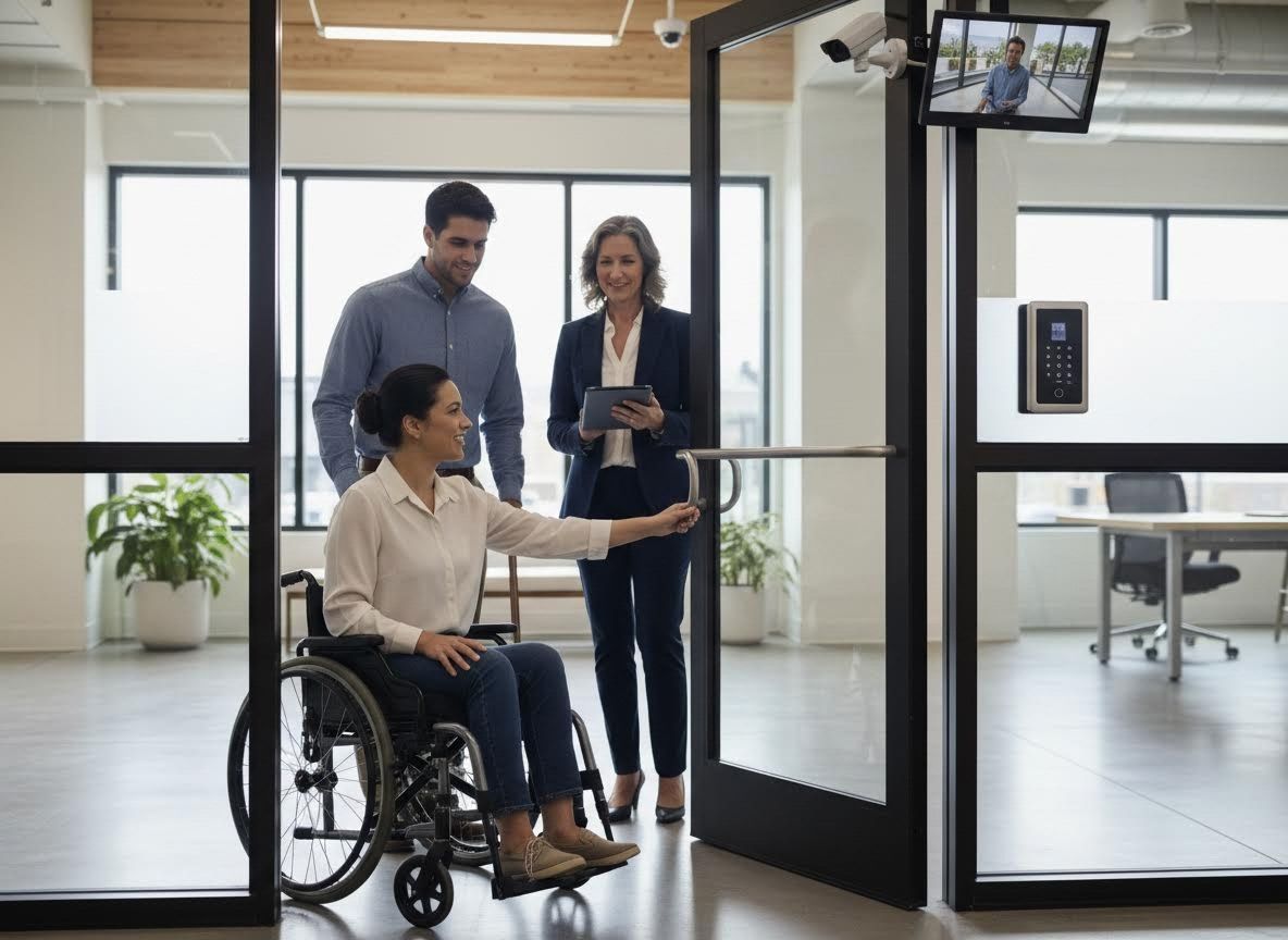 Woman in wheelchair opening an accessible office door with colleagues