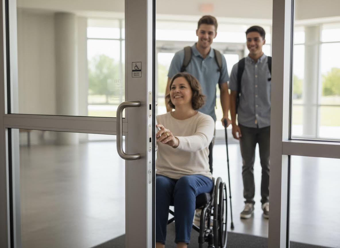 Woman in Wheelchair Opens Accessible Door with Friends