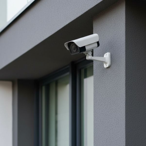 A modern white surveillance camera is mounted discreetly on a contemporary home's gray exterior wall.