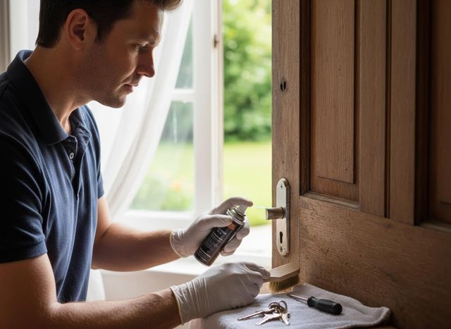 Man lubricating wooden door handle