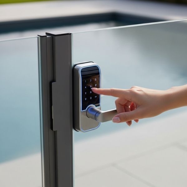 a hand easily uses a modern, keyless digital lock on a glass pool gate