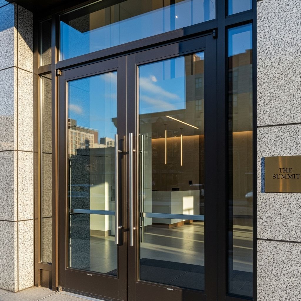 close-up of doors to a commercial building