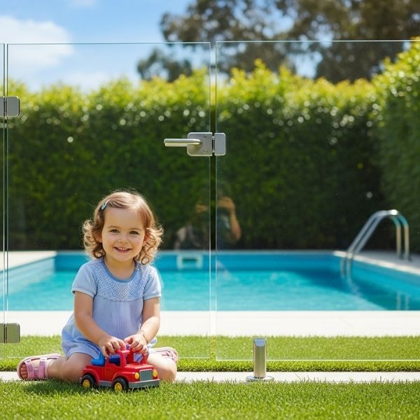 a young child plays happily and safely on the grass outside a securely latched white pool gate