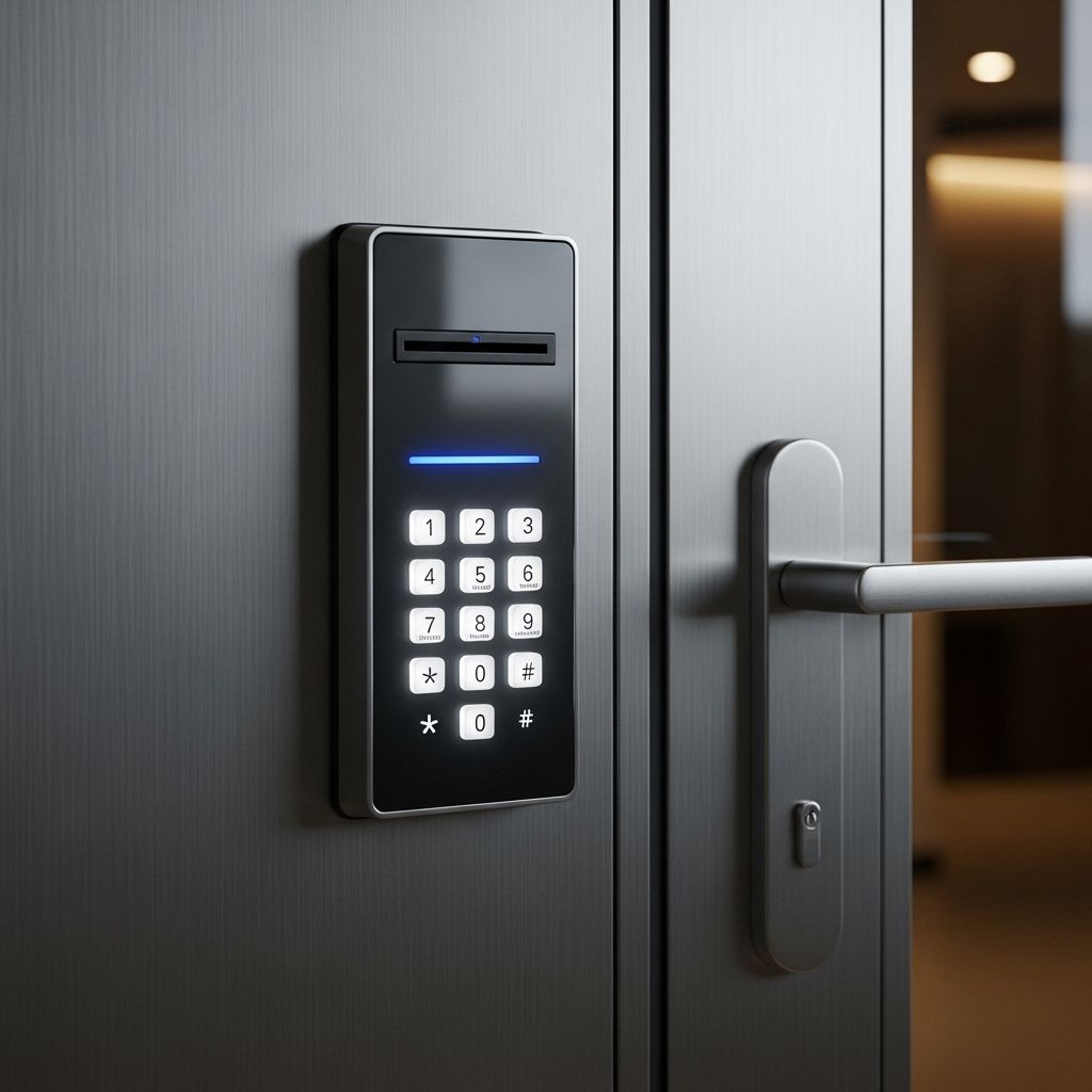An electronic access control keypad and card reader installed on a business door.