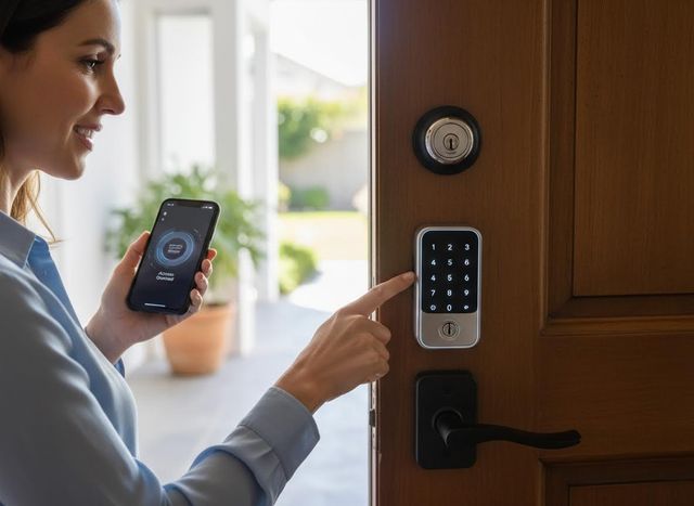 Woman using a smart door lock with smartphone app