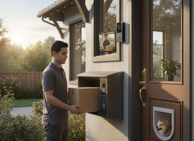 Man Delivering Package to Smart Home System with Video Doorbell