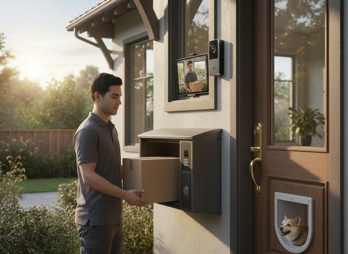 Man Delivering Package to Smart Home System with Video Doorbell