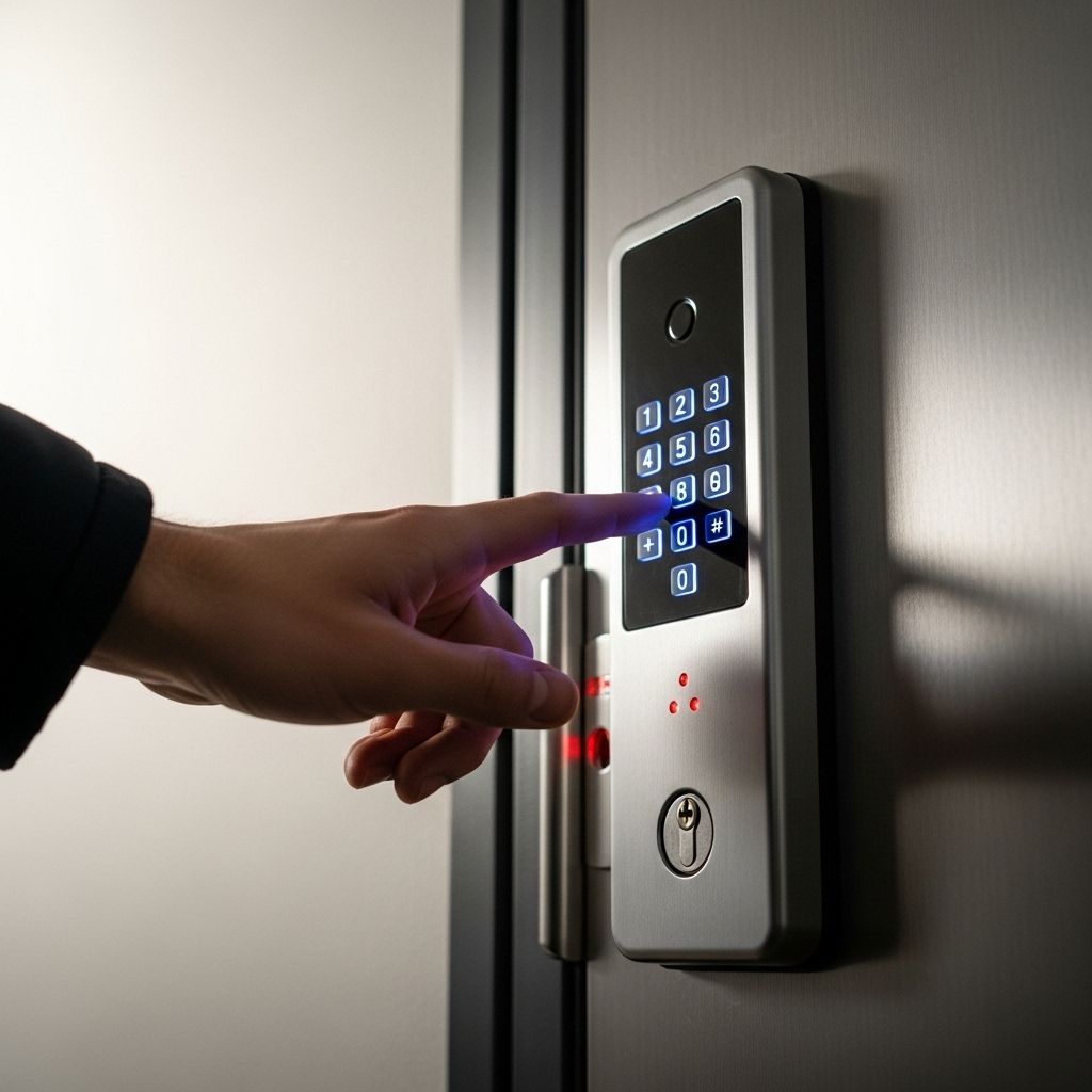 person entering a code into a an electronic access system on a door