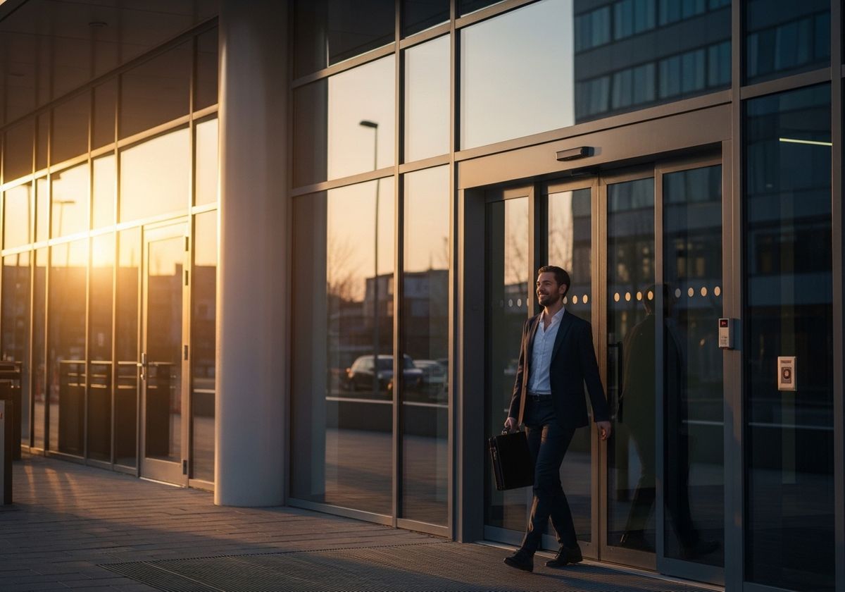 Professional Exiting Office Building at Sunset