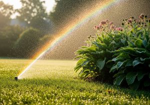A vibrant rainbow arches across a lush green lawn as a sprinkler waters a garden, creating a magical and refreshing scene. Rainbow Sprinkler Watering Garden