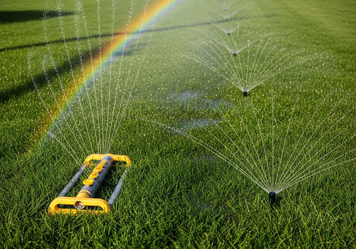 Sprinklers Watering Grass with Rainbow