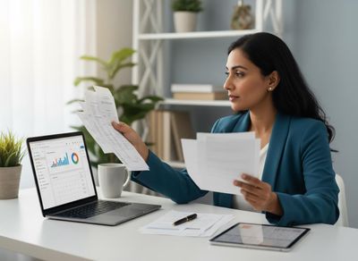 A focused businesswoman in a blue jacket analyzing financial papers at a desk with a laptop showing data visualizations. Woman reviewing financial documents at desk