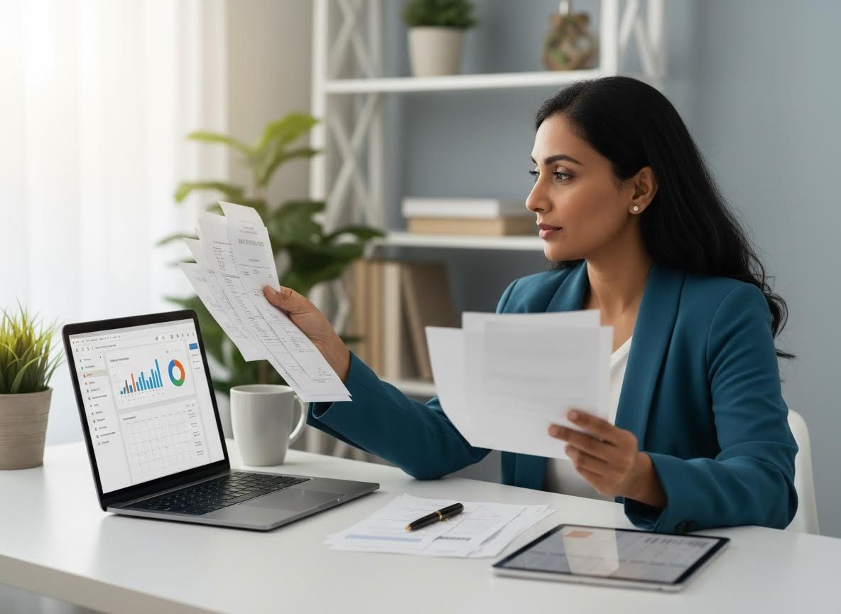 Woman reviewing financial documents at desk