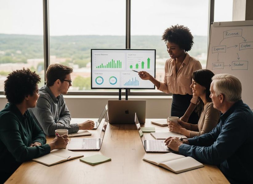 Diverse business team reviewing financial data in a modern office meeting