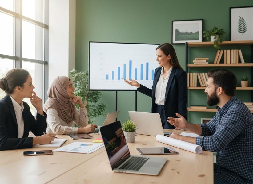 Diverse Team Meeting with Data Presentation