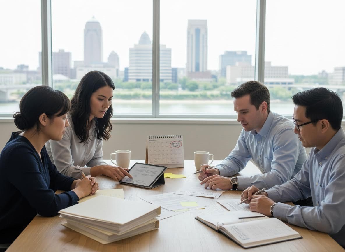 Four professionals collaborate at a table with a city view
